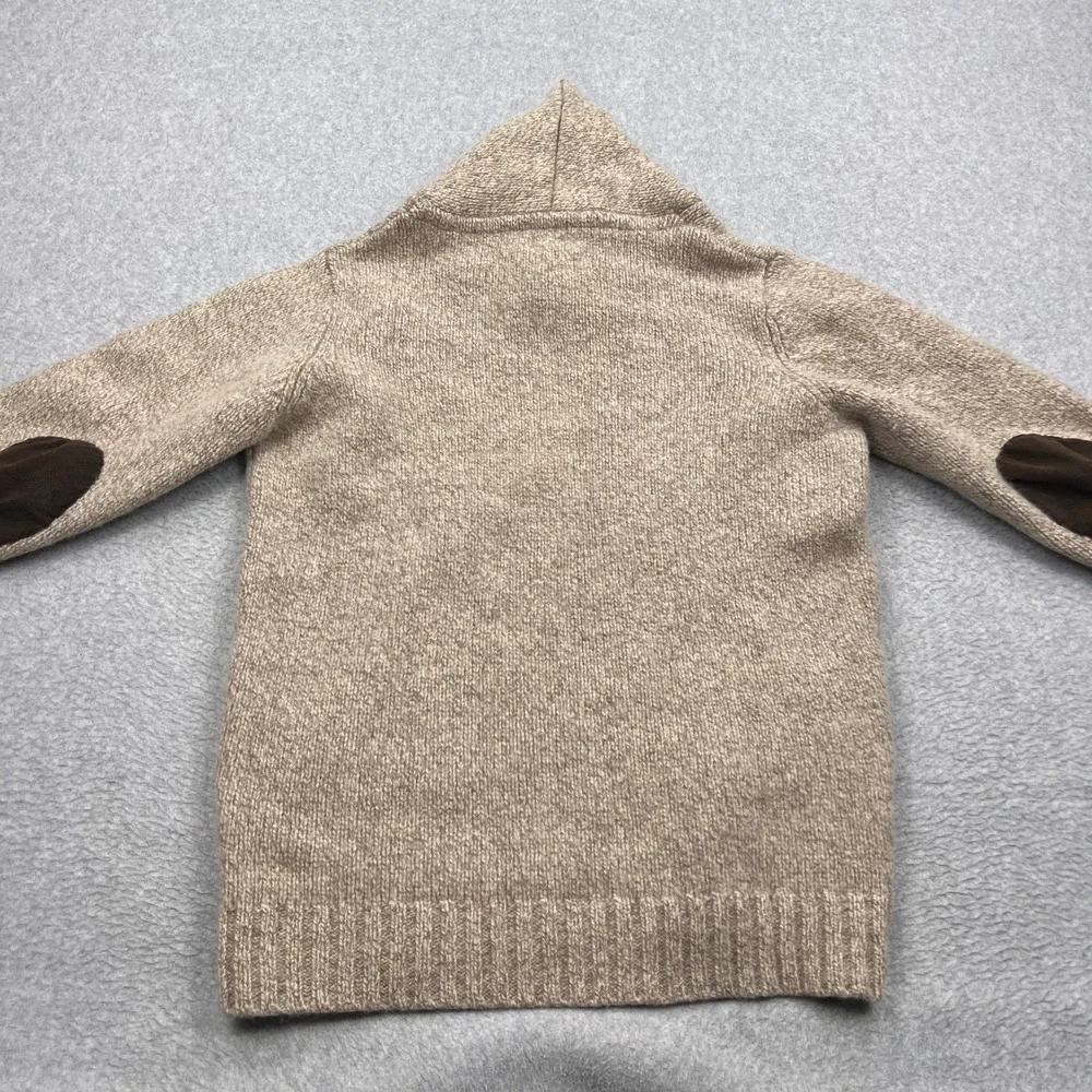 LL Bean Sweater Mens Large Beige 100% Lambswool Shawl Neck Elbow Patch Pullover - Picture 8 of 10